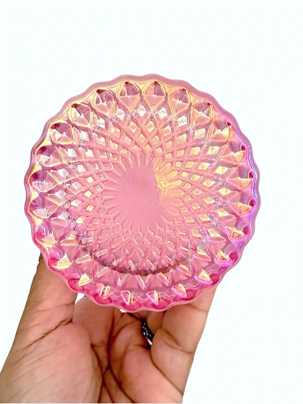 Leoben Company Guava Blossom Scented Candle Iridescent Pink Cut Glass Jar w/ Lid